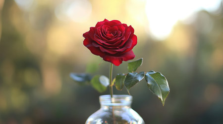 A single deep red rose placed in a glass vase, fully bloomed and radiant, showcasing the timeless beauty of nature.の素材