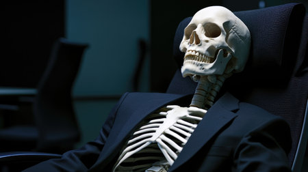A skeleton in business attire, seated in an office chair under dim lighting, symbolizing the fatigue of corporate life.の素材