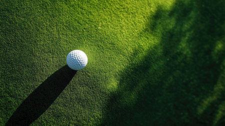 A high-angle view of a golf ball in the air, mid-flight over the lush green course, showing precision and focus on the ball's movement.の素材