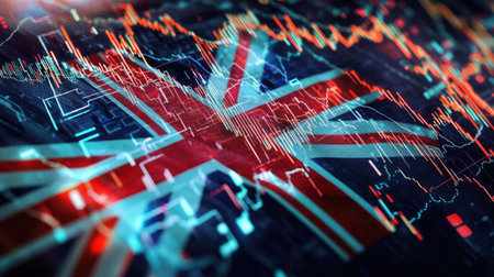 A fusion of the UK flag and fluctuating stock charts, symbolizing the connection between global markets and the UK economy.の素材