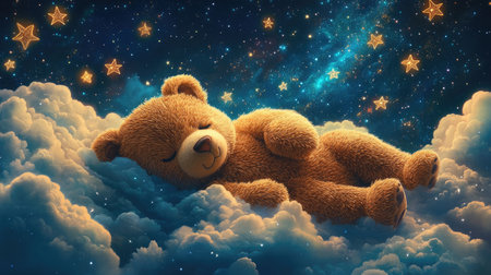 A sleeping teddy bear rests on clouds, surrounded by stars in the night sky, evoking warmth and childhood innocence.の素材
