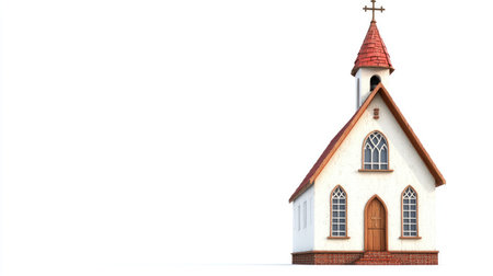 A small, picturesque town chapel building isolated on a white background, featuring traditional architecture and a cross atop the steeple.の素材