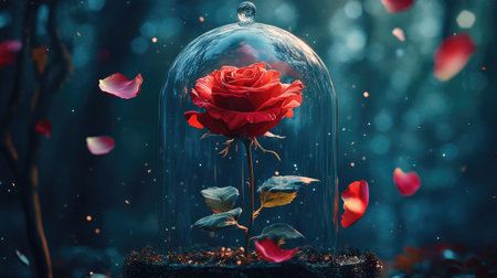A magical rose encased in a glass dome, with falling petals symbolizing time's passage, captured in an enchanting close-upの素材
