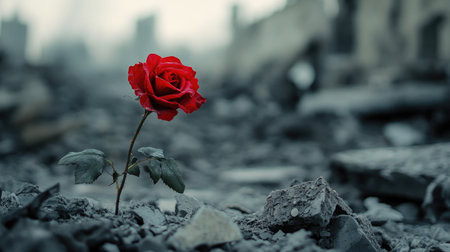 A lone red rose blooms in the harsh environment of a war zone, surrounded by rubble, highlighting a poignant contrast between beauty and chaos.の素材