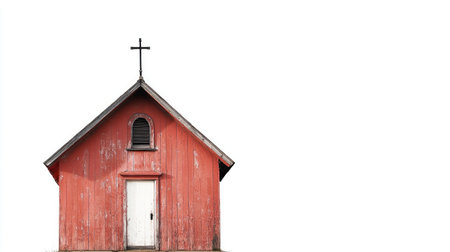 A traditional chapel from a small town, isolated on a white background, featuring simple architectural lines and a cross on top.の素材