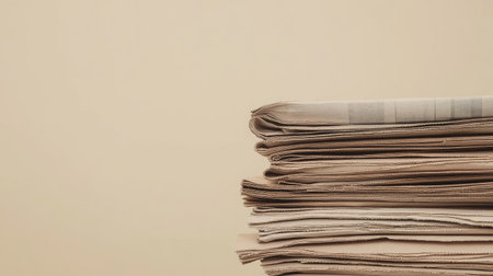 A stack of neatly folded newspapers with ample copy space, perfect for headlines or editorial content, against a neutral background.の素材