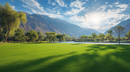 A tranquil lawn with river and mountain vistas, offering the ideal scenic space for outdoor advertisement.の素材