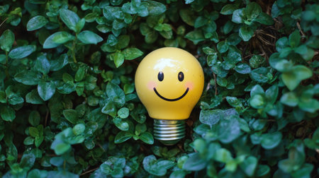 A smiling headlight bulb laid flat on vibrant green plants, symbolizing bright ideas and environmental positivity.の素材