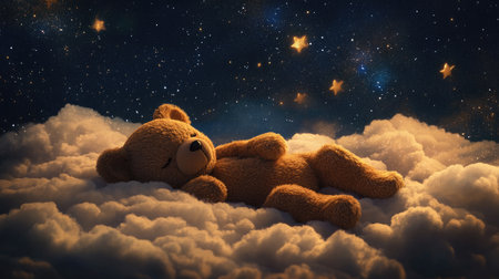 A sleeping teddy bear rests on clouds, surrounded by stars in the night sky, evoking warmth and childhood innocence.の素材