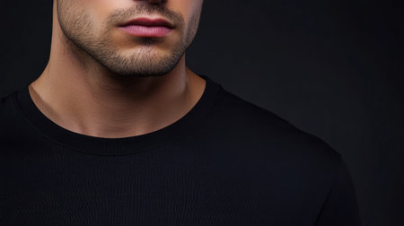 Close-up of a young man wearing a blank black T-shirt, ready for use in branding or product presentation with space for logos.の素材