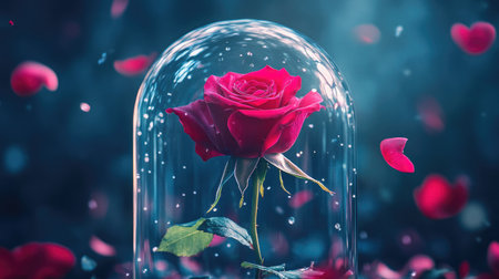 Macro view of an enchanted rose under a glass dome, with falling petals creating a sense of fairy-tale beauty and wonder.の素材
