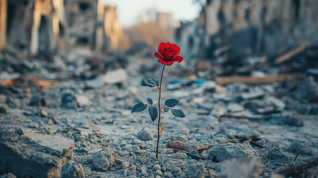 In the middle of a desolate war zone, a small red rose stands defiantly, surrounded by ruins and debris, representing fragile beauty.の素材
