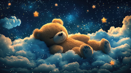 A sweet teddy bear napping on fluffy clouds under a sparkling starry night, creating a whimsical and comforting atmosphere.の素材