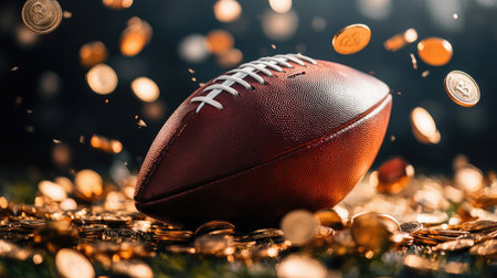 An American football rests among falling coins, symbolizing the intersection of sports and finance, with a focus on wealth and success.の素材