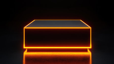 An elegant square pedestal illuminated by orange neon lights against a black background, perfect for product displayの素材