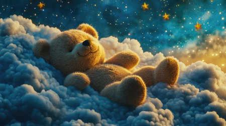 A sleepy teddy bear floats on soft clouds, with a starry sky above, capturing a magical and peaceful bedtime sceneの素材