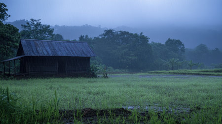 Rain-soaked farm with shelter in the foreground, offering a peaceful view of nature during heavy rainfall.の素材