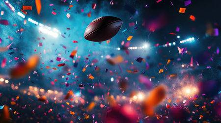 American football suspended mid-air, surrounded by colorful confetti and illuminated by soft stadium lights, celebrating a touchdown momentの素材