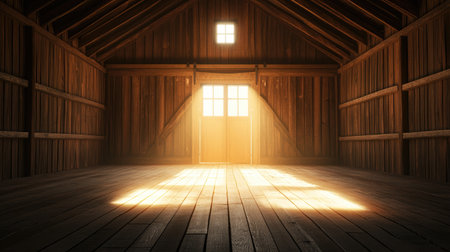 Light from the barn entrance casts a warm glow on the wooden interior, creating a peaceful and inviting scene of the empty space.の素材