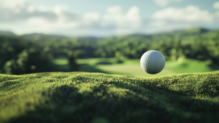 Golf ball in motion, flying high above the golf course after a shot, with a clear focus on the ball and the lush green landscape below.の素材