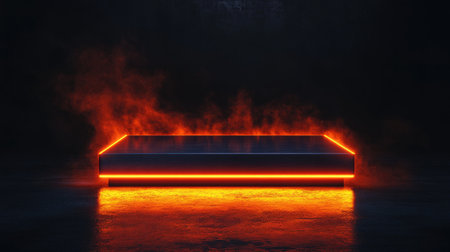 Square pedestal bathed in vibrant orange neon lights, set against a black background, emphasizing product display.の素材