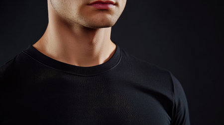 Close-up of a young man wearing a blank black T-shirt, ready for use in branding or product presentation with space for logos.の素材