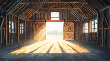 Inside a spacious barn, light enters from the open entrance, creating a contrast between shadowed corners and bright rays.の素材