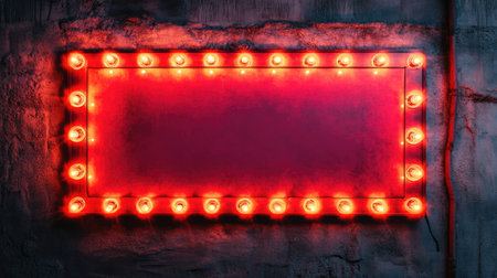 Red lightbox marquee with neon lamps and stars, isolated on a dark wall, giving off a vintage cinema vibe with bright lighting.の素材