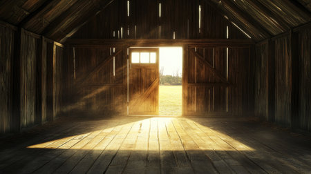 Light from the barn entrance casts a warm glow on the wooden interior, creating a peaceful and inviting scene of the empty space.の素材
