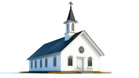 Isolated small-town church chapel building on a white background, showcasing classic chapel design with a cross on the steeple.の素材