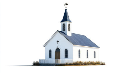 Isolated small-town church chapel building on a white background, showcasing classic chapel design with a cross on the steeple.の素材