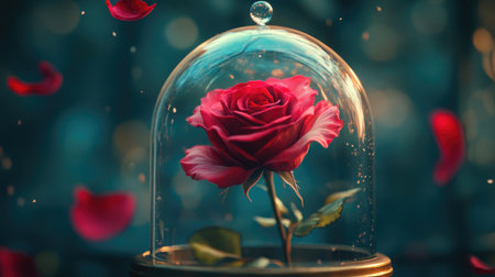 Macro image of an enchanted rose in a glass dome, with delicate petals falling slowly, creating a magical and ethereal atmosphere.の素材