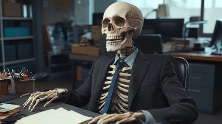 Office scene with a skeleton in a suit and tie sitting at a desk, evoking the perils of overwork.の素材