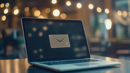 Minimalist email interface displayed on a laptop, featuring a geometric envelope icon, representing organized communication.の素材