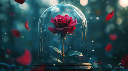 Macro image of an enchanted rose in a glass dome, with delicate petals falling slowly, creating a magical and ethereal atmosphere.の素材