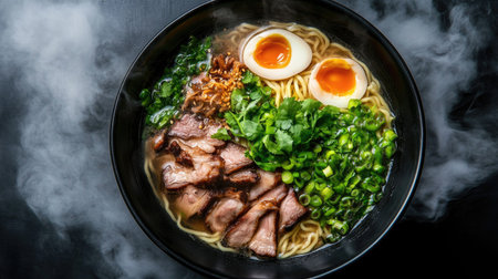A mouthwatering bowl of ramen, complete with steaming noodles, pork, and fresh green toppings, perfect for food photography.の素材