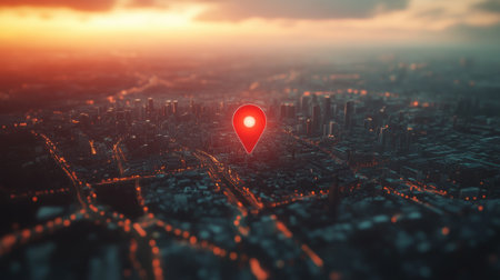 A bright red location pin hovering above a detailed cityscape illustration, symbolizing navigation, mapping, and modern urban exploration.の素材