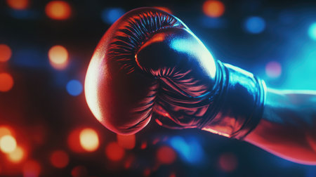A dynamic close-up of a boxing glove landing a powerful punch, showcasing movement and energy in a vibrant, glowing arena.の素材