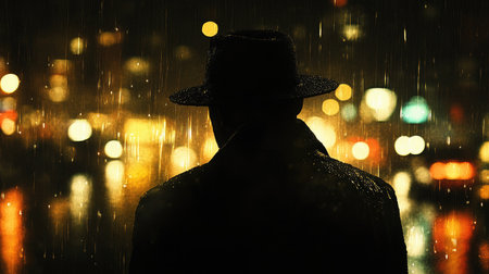 The shadowy figure of a man in a hat, illuminated by city lights in the rain, creates a tense, mysterious atmosphere reminiscent of a crime thriller.の素材