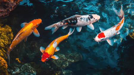 A group of colorful koi fish swimming in a peaceful underwater setting, highlighting their bright scales and graceful movementsの素材