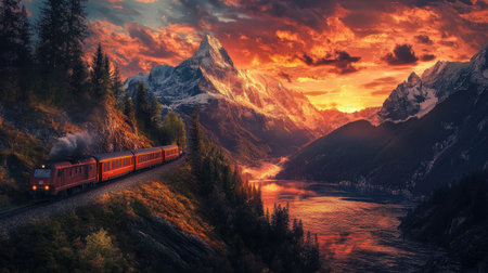 A breathtaking sunset with a freight train cutting through mountainous terrain, capturing the essence of nature and transportationの素材