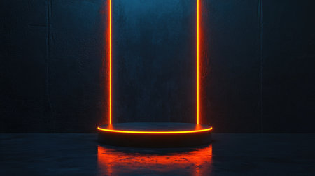 Modern pedestal design highlighted by orange neon lights, standing out against a dark backdrop, for product presentationsの素材