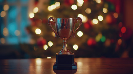 A shiny gold trophy sits proudly on a table, with blurred festive lights behind, symbolizing achievement and victoryの素材