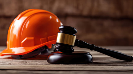 A judge gavel resting next to a construction helmet, symbolizing the intersection of labor law and workers' justice.の素材