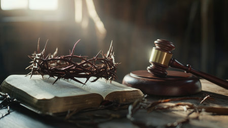 A crown of thorns, wooden cross, Bible, and gavel arranged on a table, symbolizing faith and justice, bathed in soft light.の素材