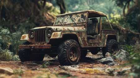 A rusty vintage off-road vehicle with a rugged design, sitting in a natural setting, perfect for adventure and exploration themes.の素材