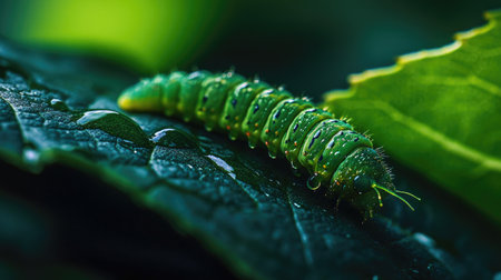 The vibrant green caterpillar crawls along the dark green, glossy leaf, highlighting the contrast between the caterpillar and its natural environment.の素材