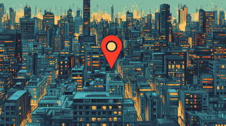 A red pin marks a spot over a bustling illustrated cityscape, highlighting the concepts of navigation and geographical pinpointing.の素材