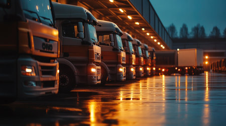 A fleet of trucks lined up in a warmly lit warehouse at night, capturing the essence of logistics and transportation.の素材