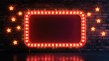 Vector marquee with a red frame, illuminated by neon bulbs and surrounded by stars, set against a wall background for cinema-themed designs.の素材